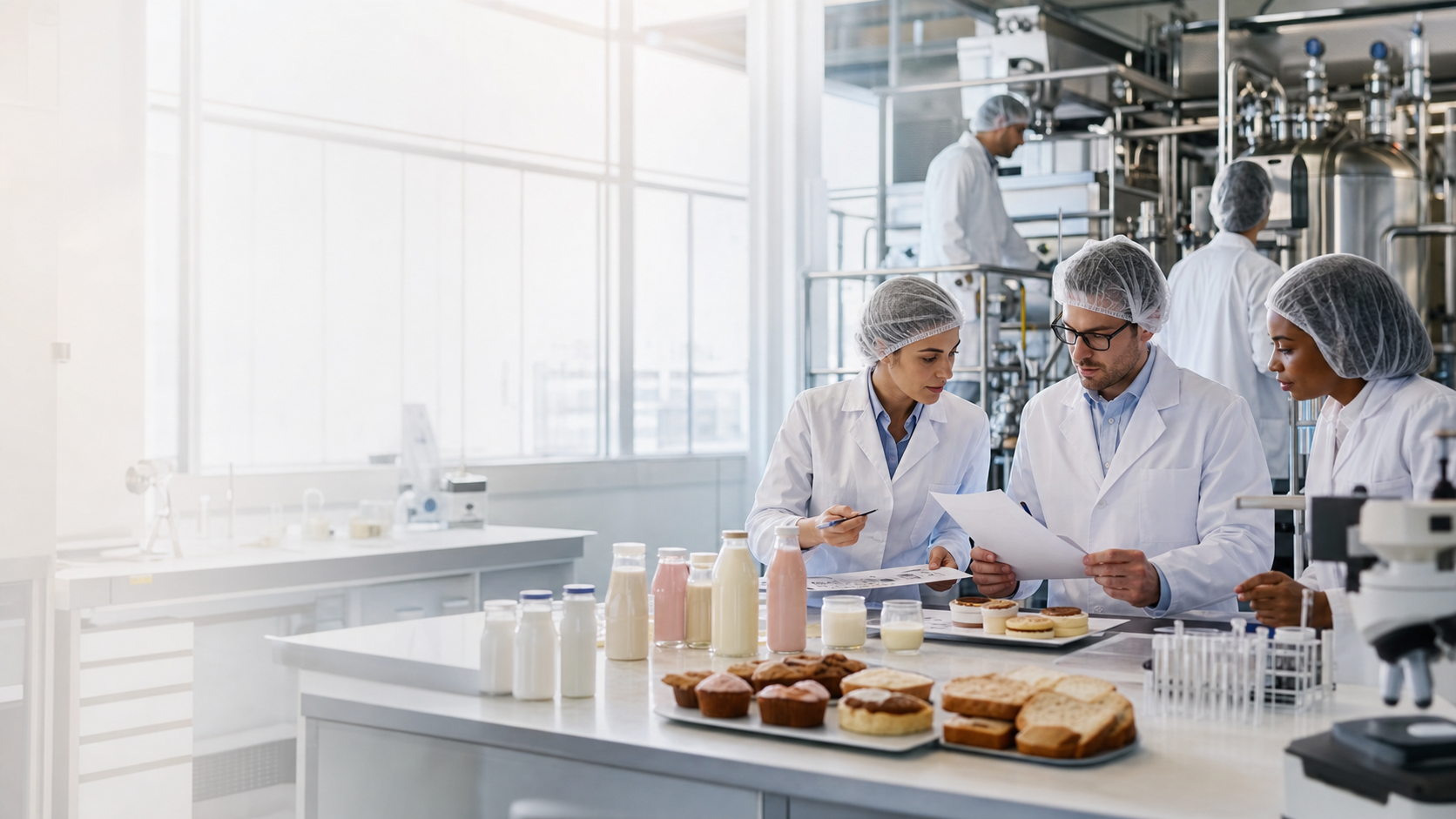 Food technologists reviewing dairy, beverage, and baked product samples in a modern production lab